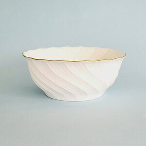 Vintage White Swirl 8" Serving Round Bowl, 24K Gold Trim Textured Toyo Elegance